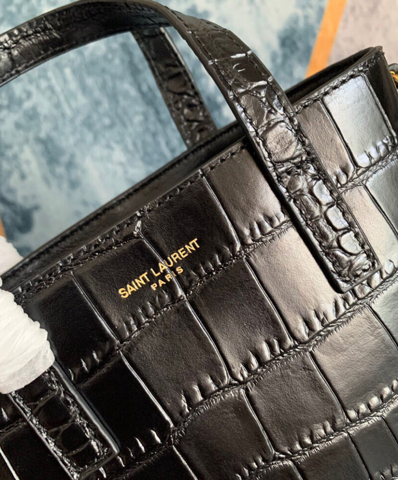 Saint Laurent Paris Mini Toy Shopping In Crocodile-Embossed Leather Black